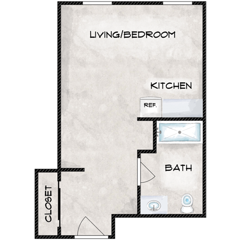 Floor plan for studio, 1 bath, 332 sqft